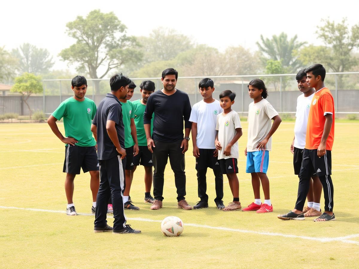 Coach mentoring the team on the field
